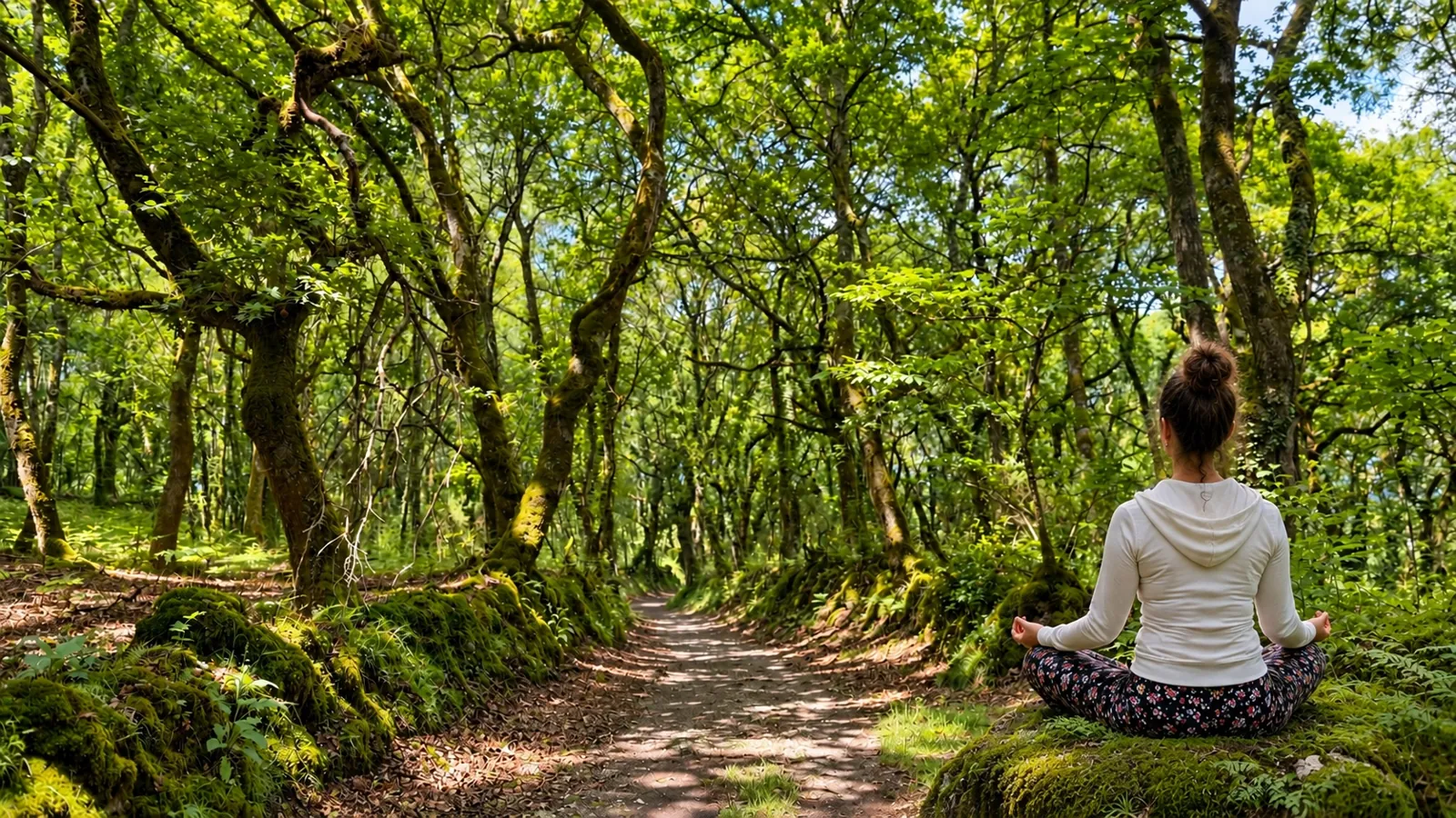 Spaska im Schneidersitz an einem grünen Waldweg