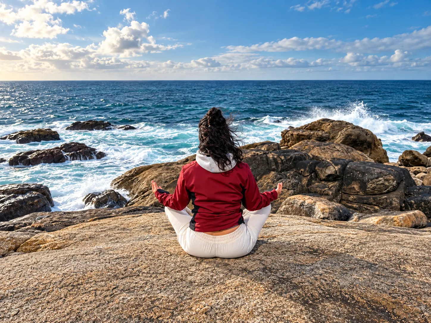 Spaska im Schneidersitz auf einem Felsen am Meer